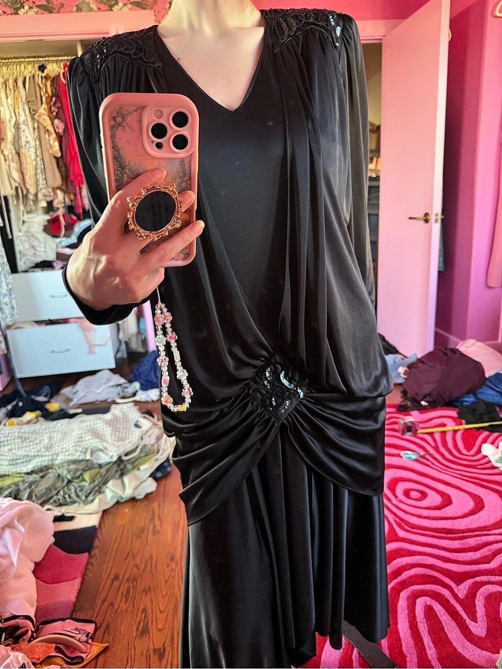 Vintage 1980s Abby Kent Black Sequin Draped Dress Gatsby Flapper Revival M/L Est